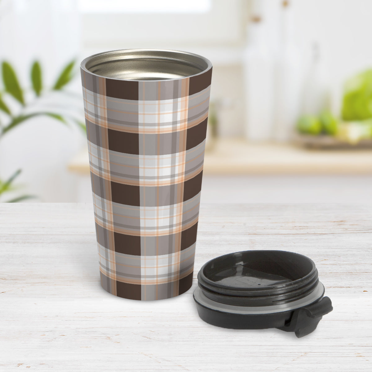 Brown Orange Plaid Travel Mug