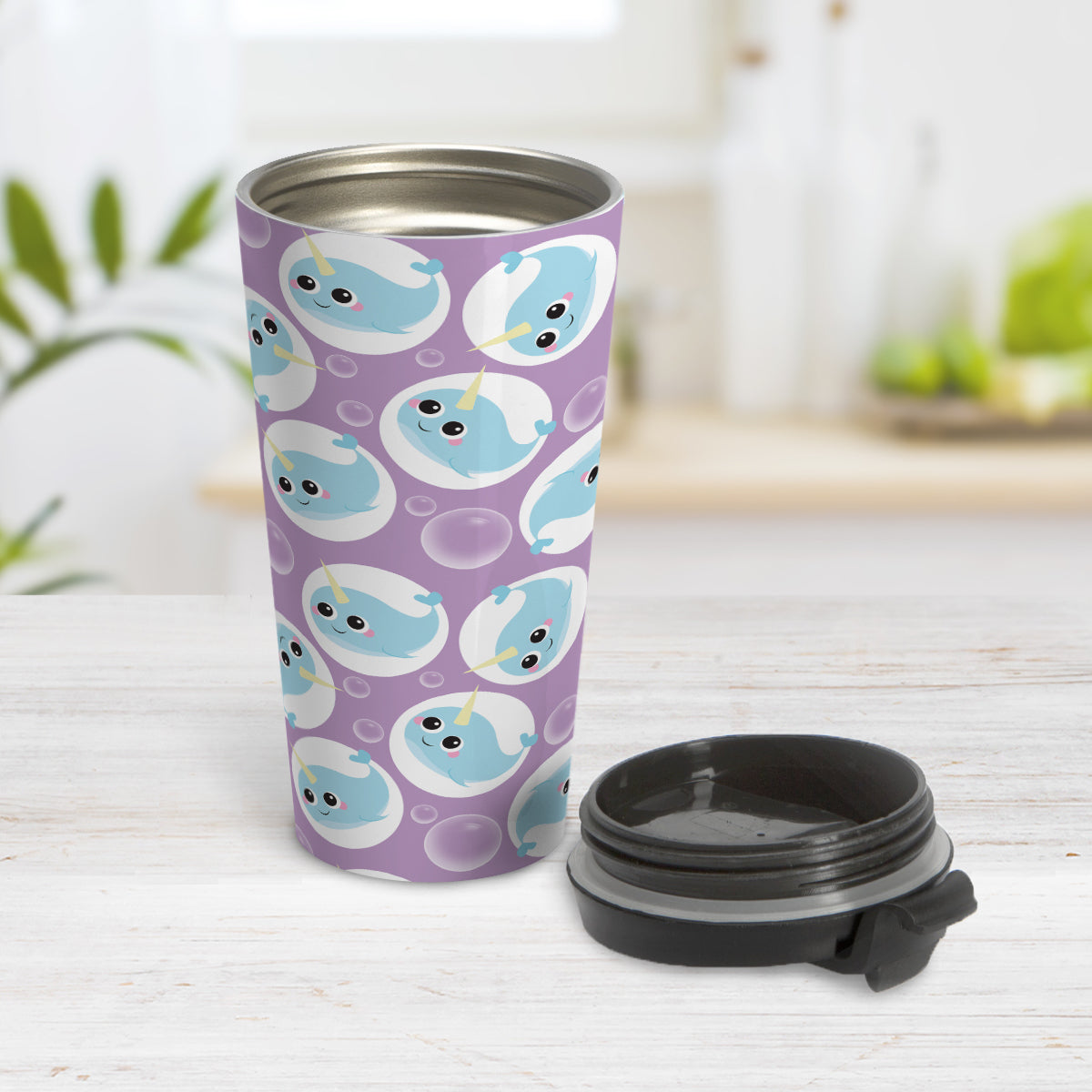 Cute Purple Narwhal Bubble Pattern Travel Mug