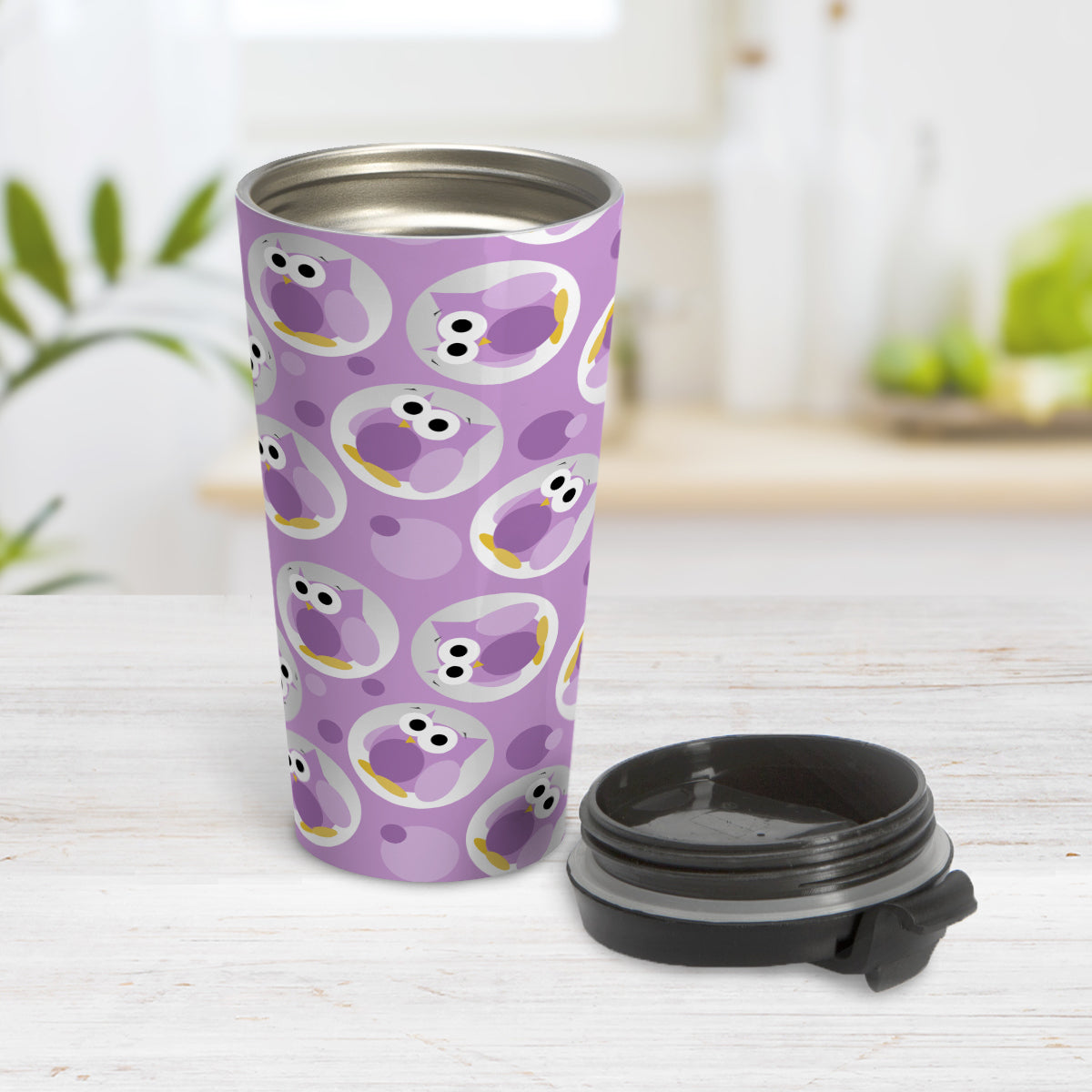 Funny Cute Purple Owl Pattern Travel Mug