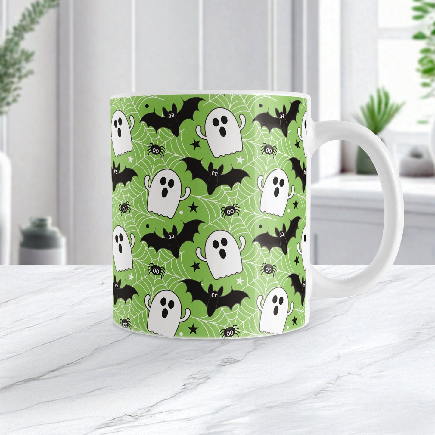 Ghosts Bats and Spiders Green Halloween Mug