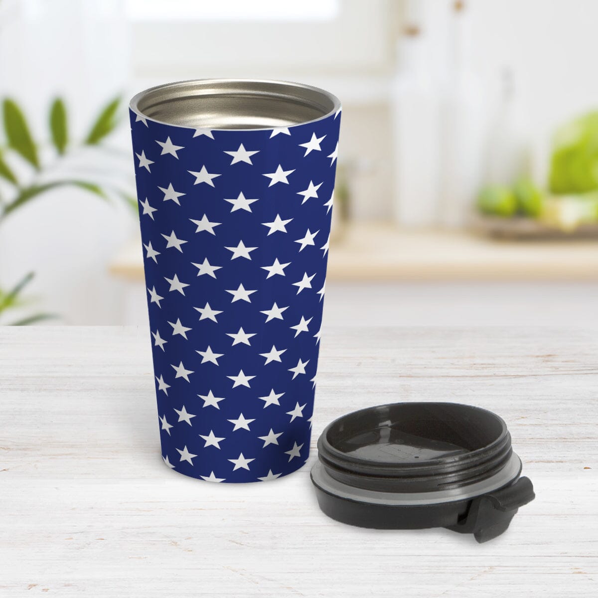 Patriotic White Stars on Blue Travel Mug