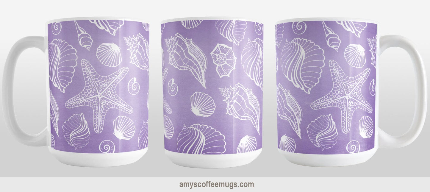 White Seashell Pattern Purple Beach Mug