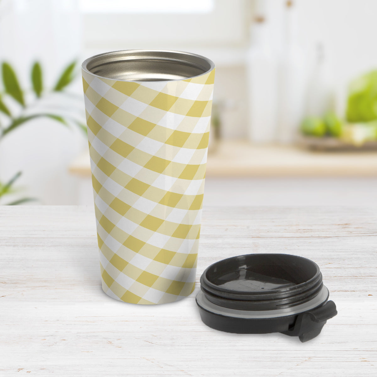 Yellow Gingham Travel Mug