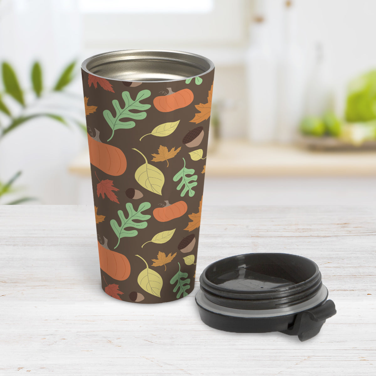 Autumn Pumpkins and Leaves Pattern Fall Travel Mug