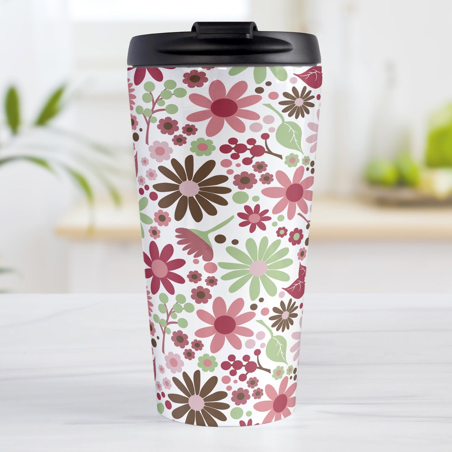 Berry Green Summer Flowers Travel Mug