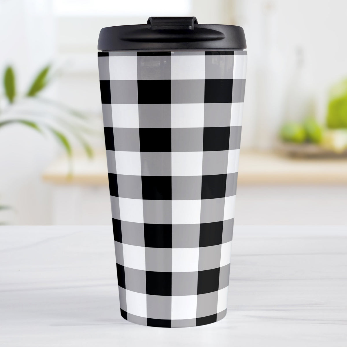 Black and White Buffalo Plaid Travel Mug