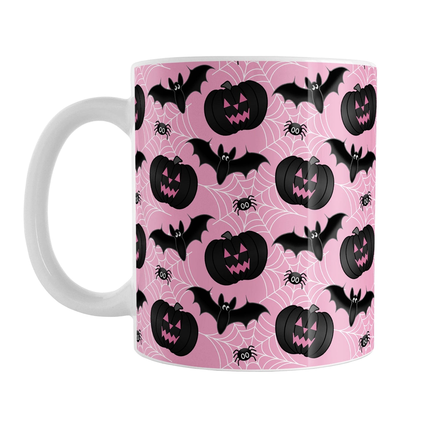 Black Pumpkins Bats and Spiders Pink Halloween Mug