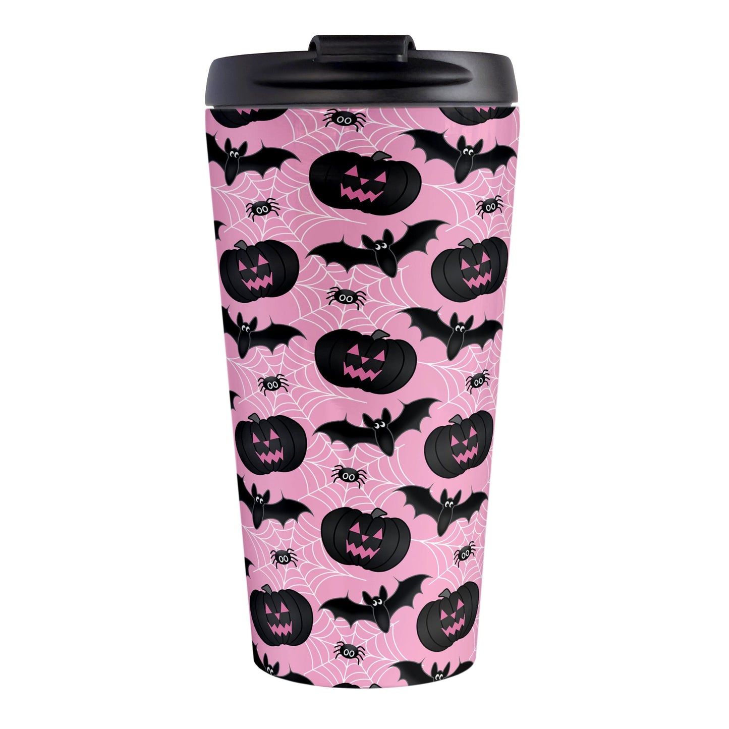 Black Pumpkins Bats and Spiders Pink Halloween Travel Mug