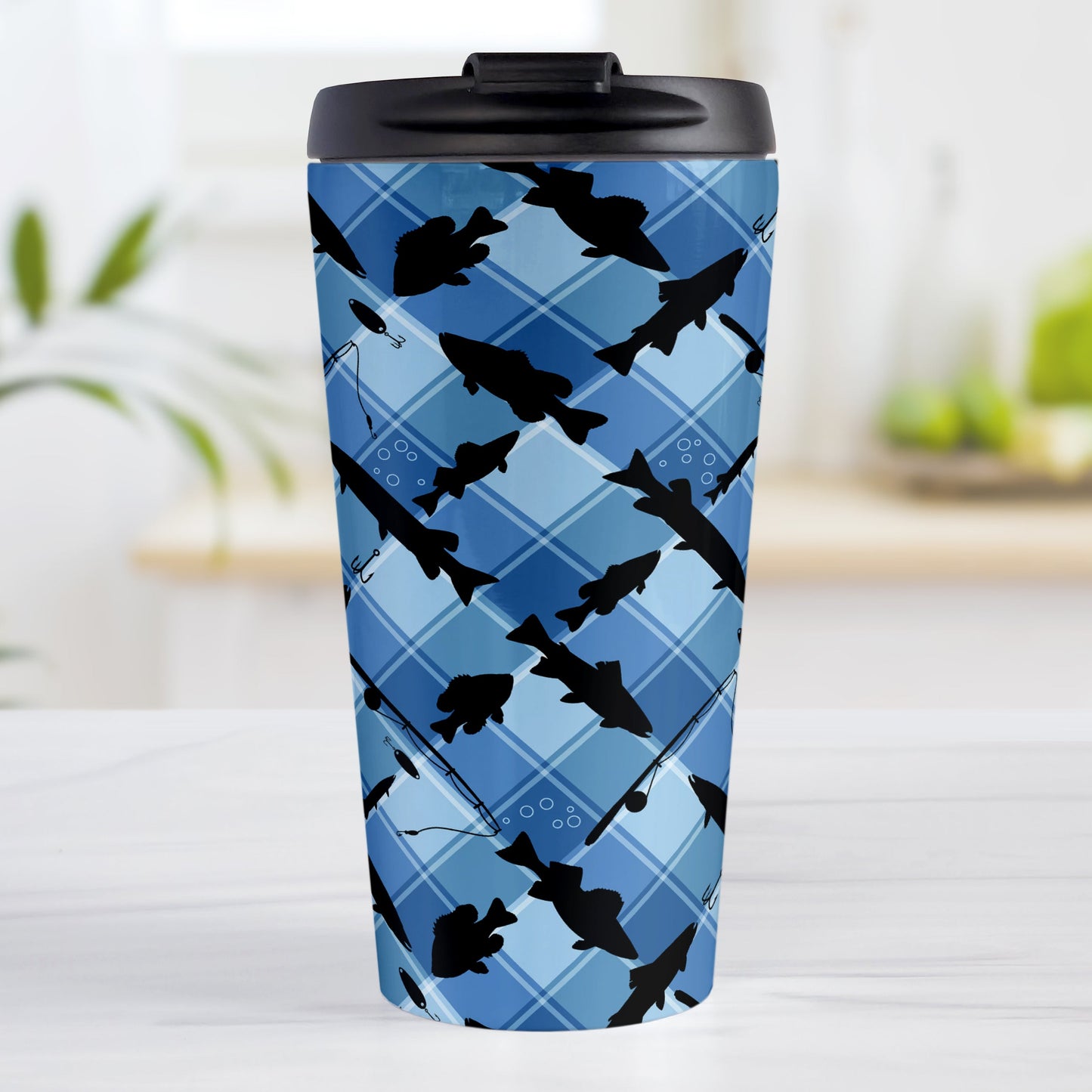 Blue Fishing Plaid Pattern Travel Mug