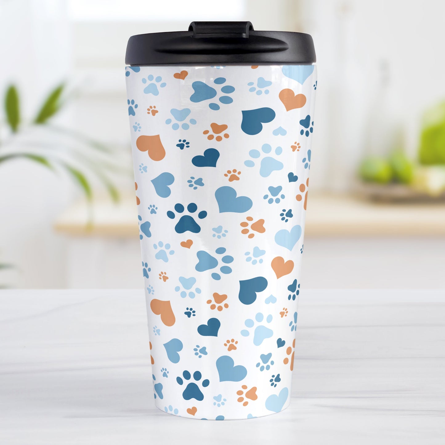 Blue Hearts and Paw Prints Travel Mug