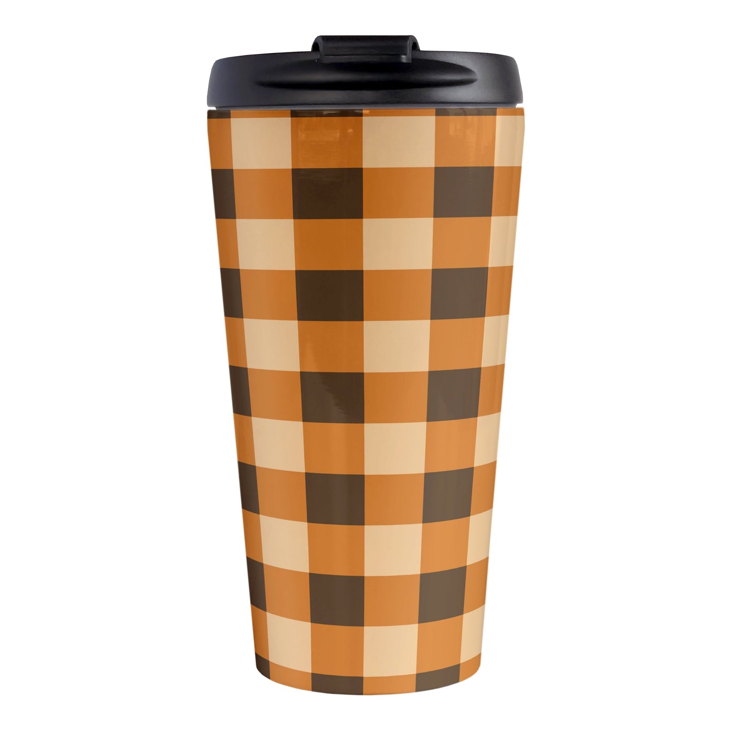 Brown and Orange Fall Buffalo Plaid Travel Mug