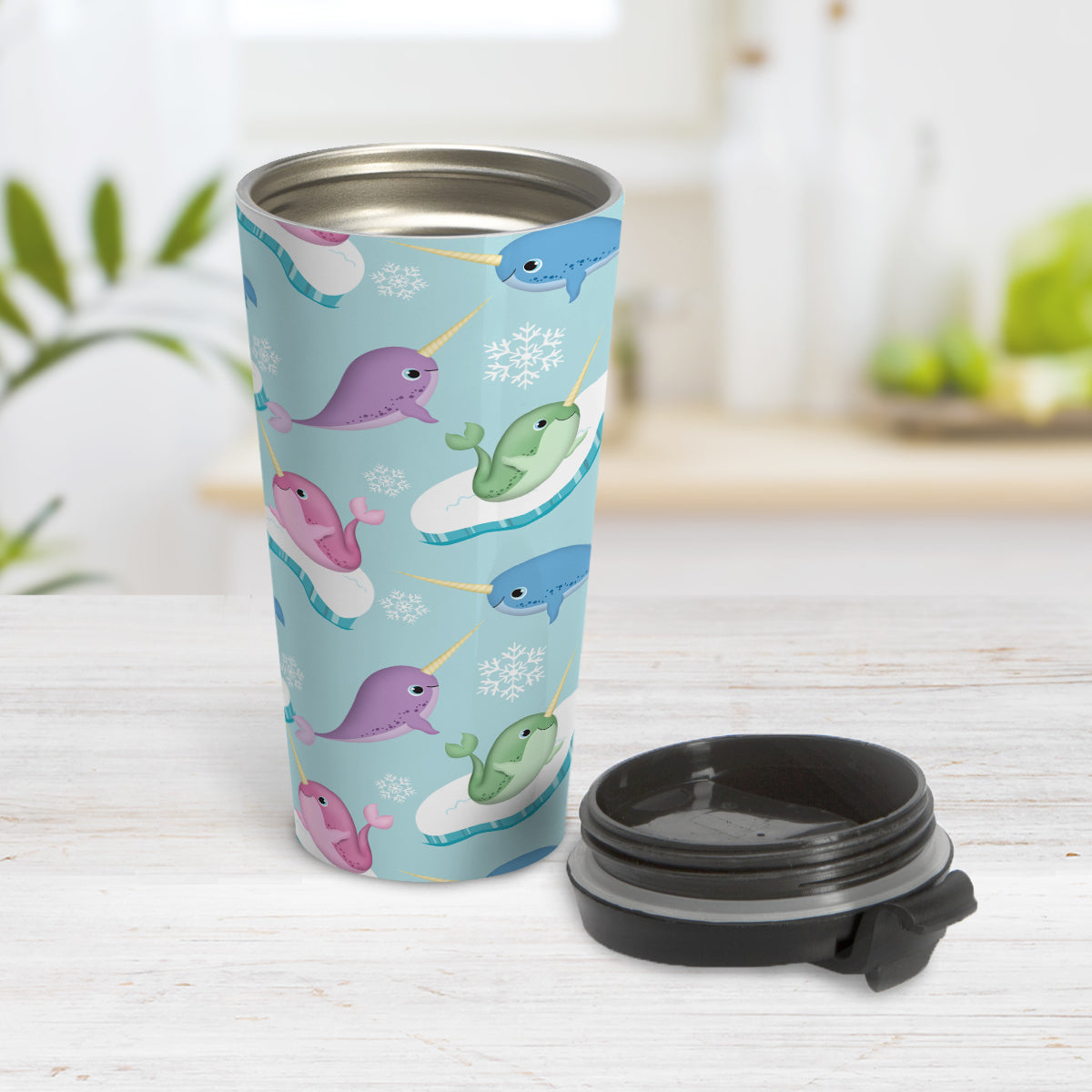 Colorful Arctic Narwhal Pattern Travel Mug