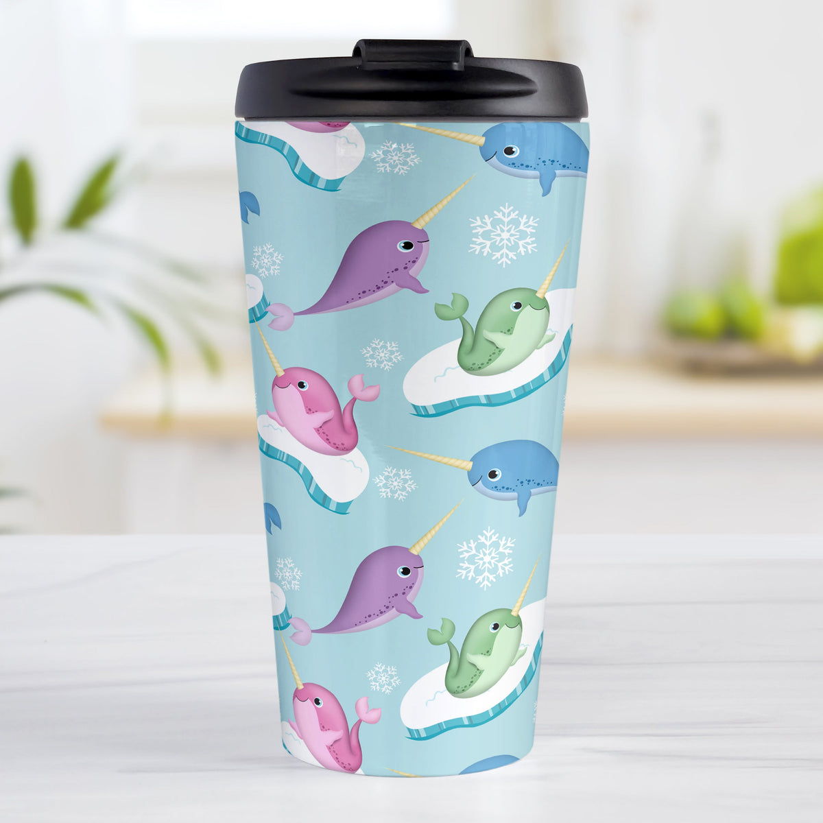 Colorful Arctic Narwhal Pattern Travel Mug
