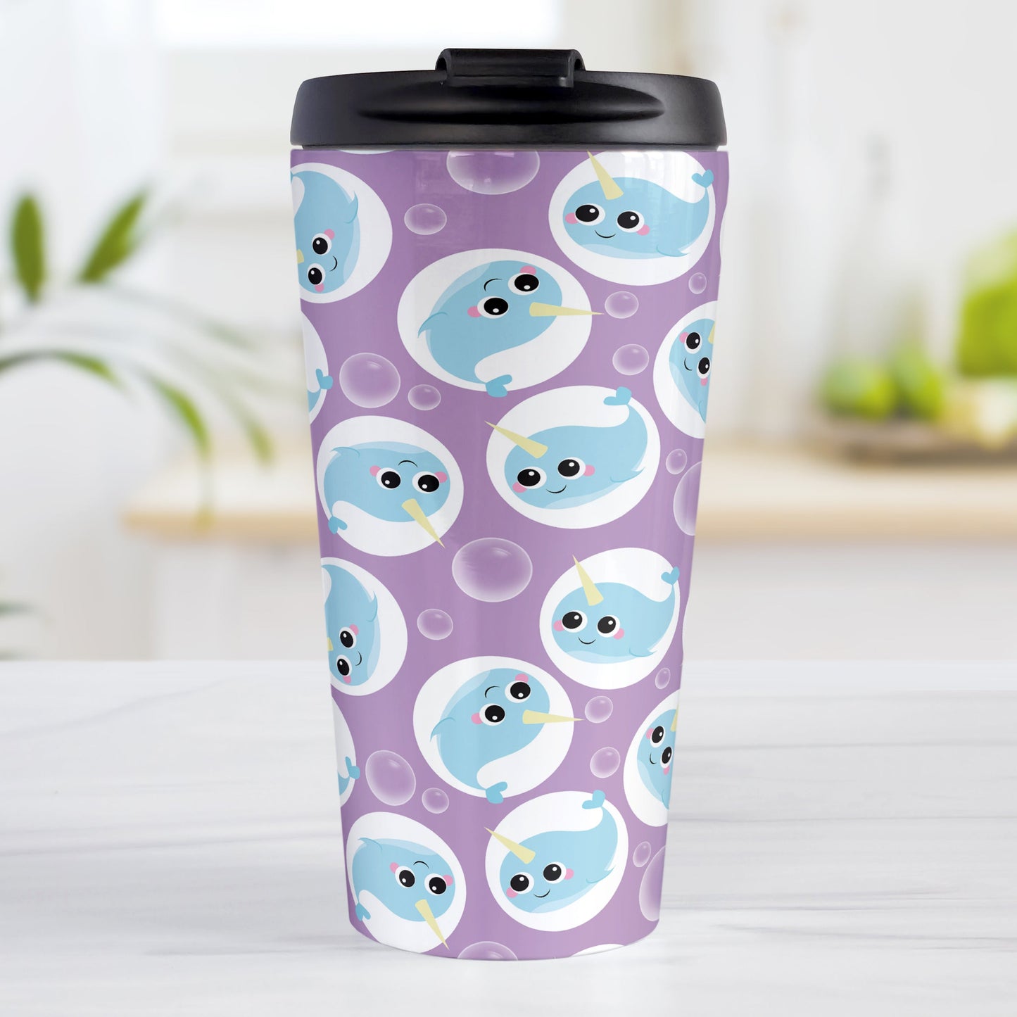 Cute Purple Narwhal Bubble Pattern Travel Mug