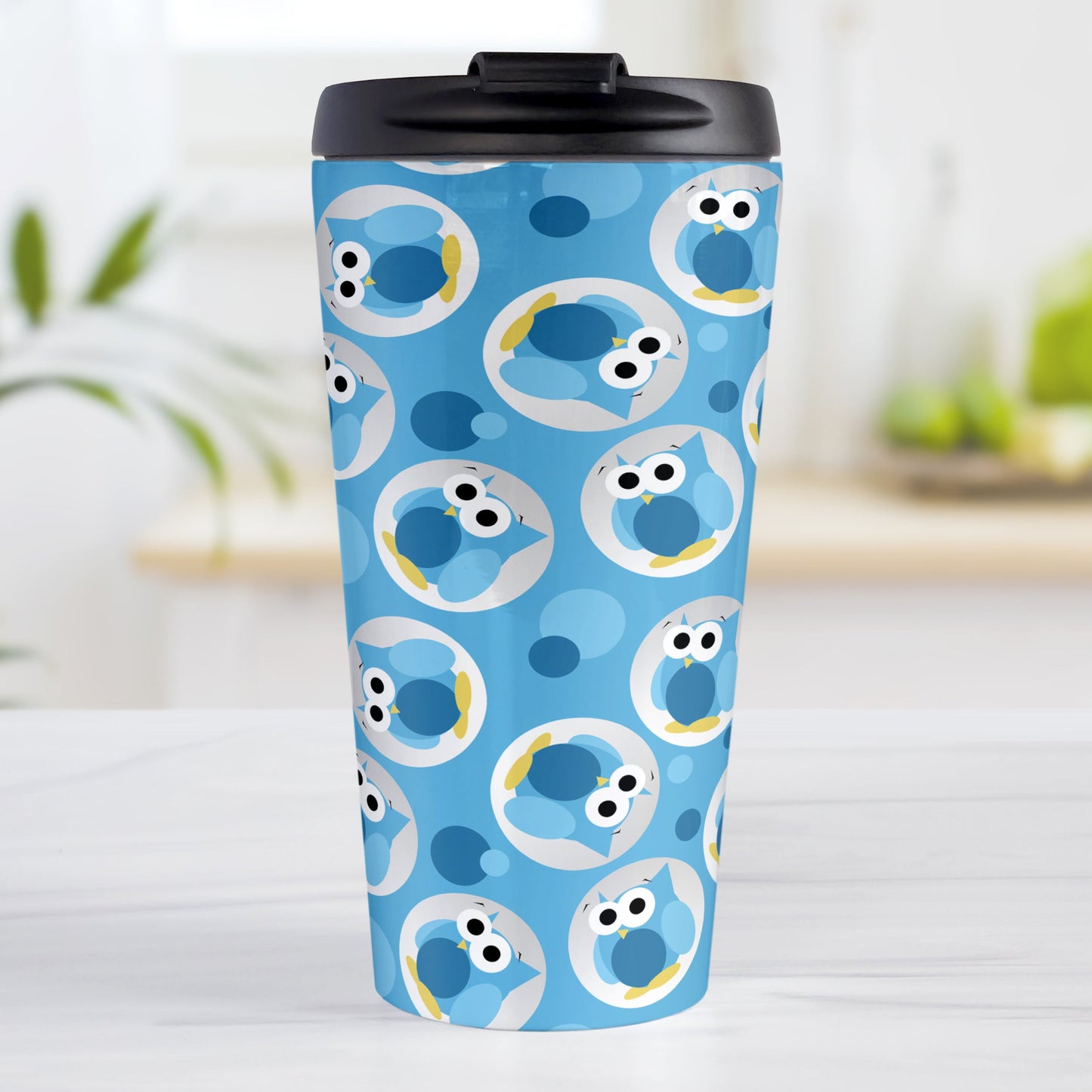 Funny Cute Blue Owl Pattern Travel Mug