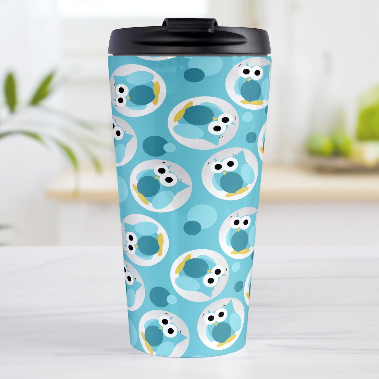 Funny Cute Turquoise Owl Pattern Travel Mug