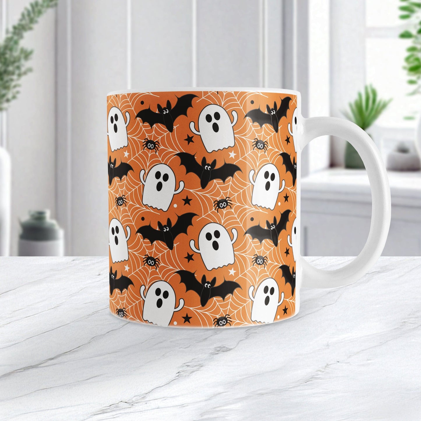 Ghosts Bats and Spiders Orange Halloween Mug