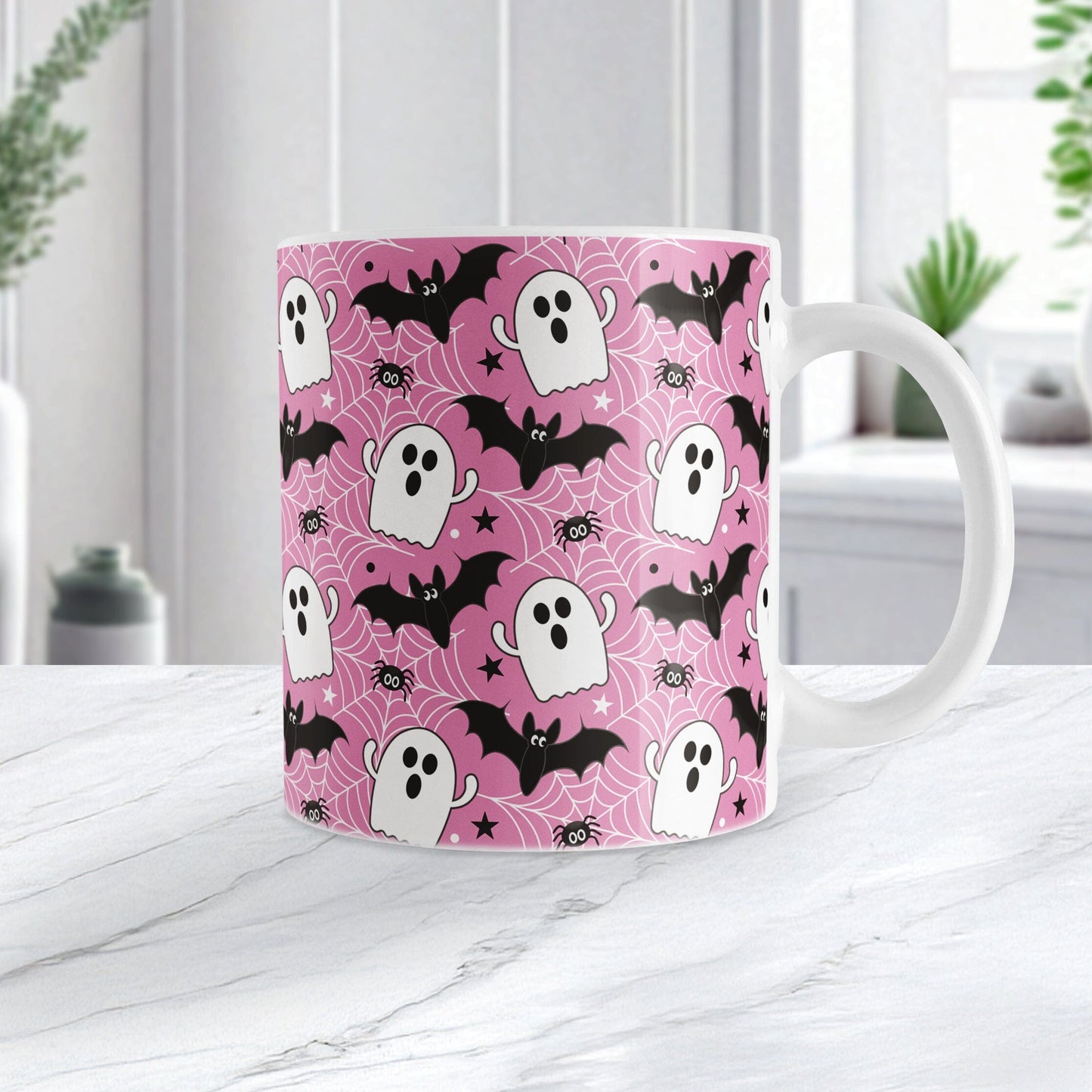 Ghosts Bats and Spiders Pink Halloween Mug