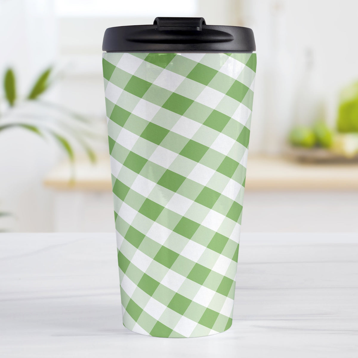 Green Gingham Travel Mug