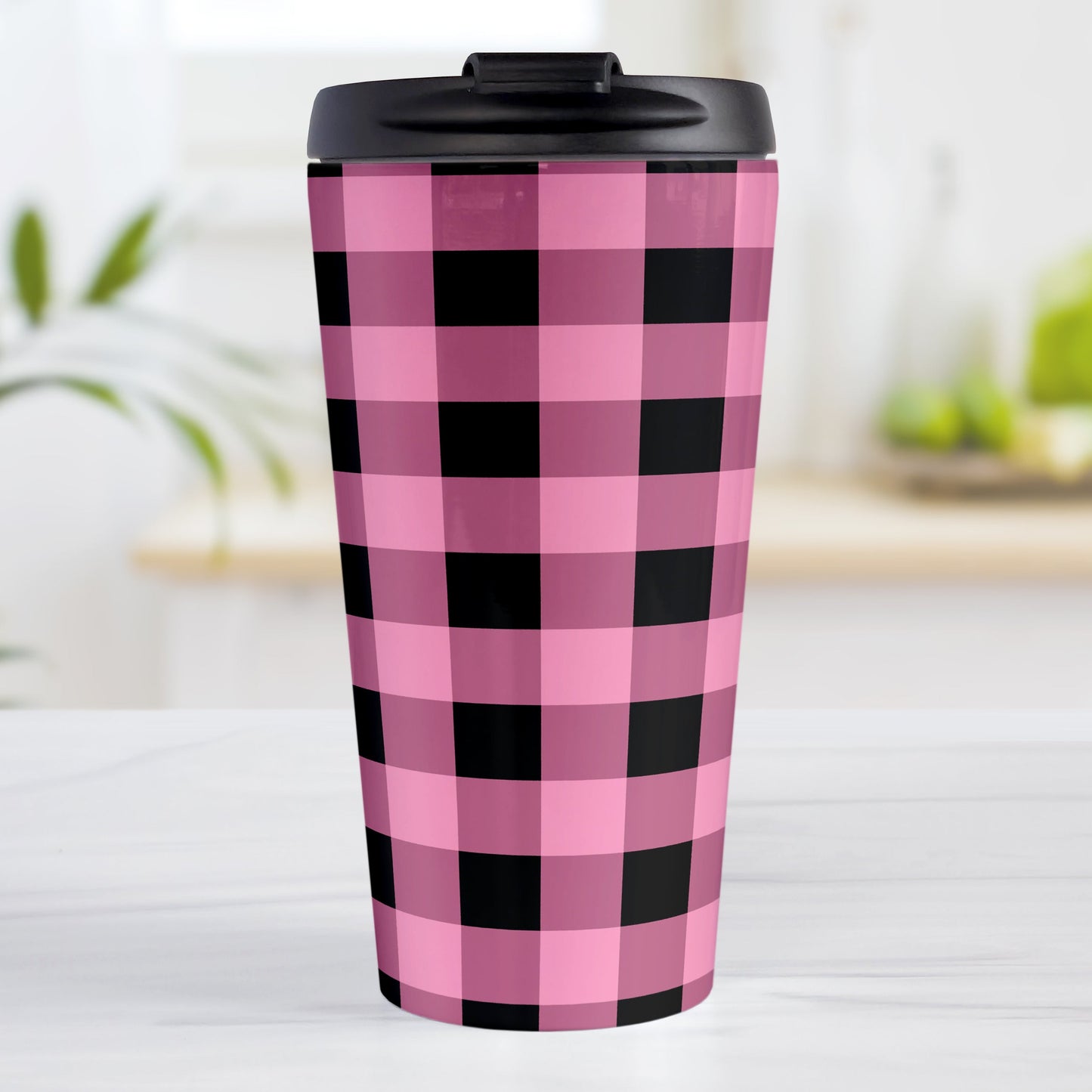 Light Pink and Black Buffalo Plaid Travel Mug