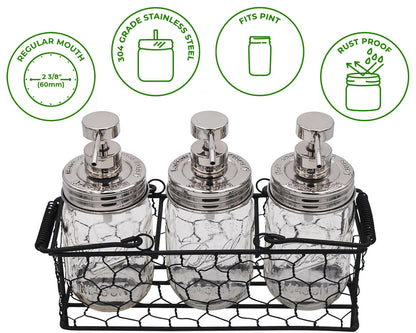 "Hand Soap," "Dish Soap," and "Lotion" Embossed Shiny Dispenser Pumps for Regular Mouth Mason Jars 3 Pack