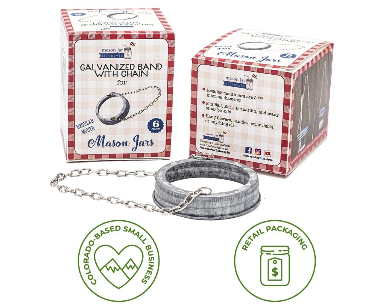 Galvanized Band with Chain Handle for Mason Jars 6 Pack