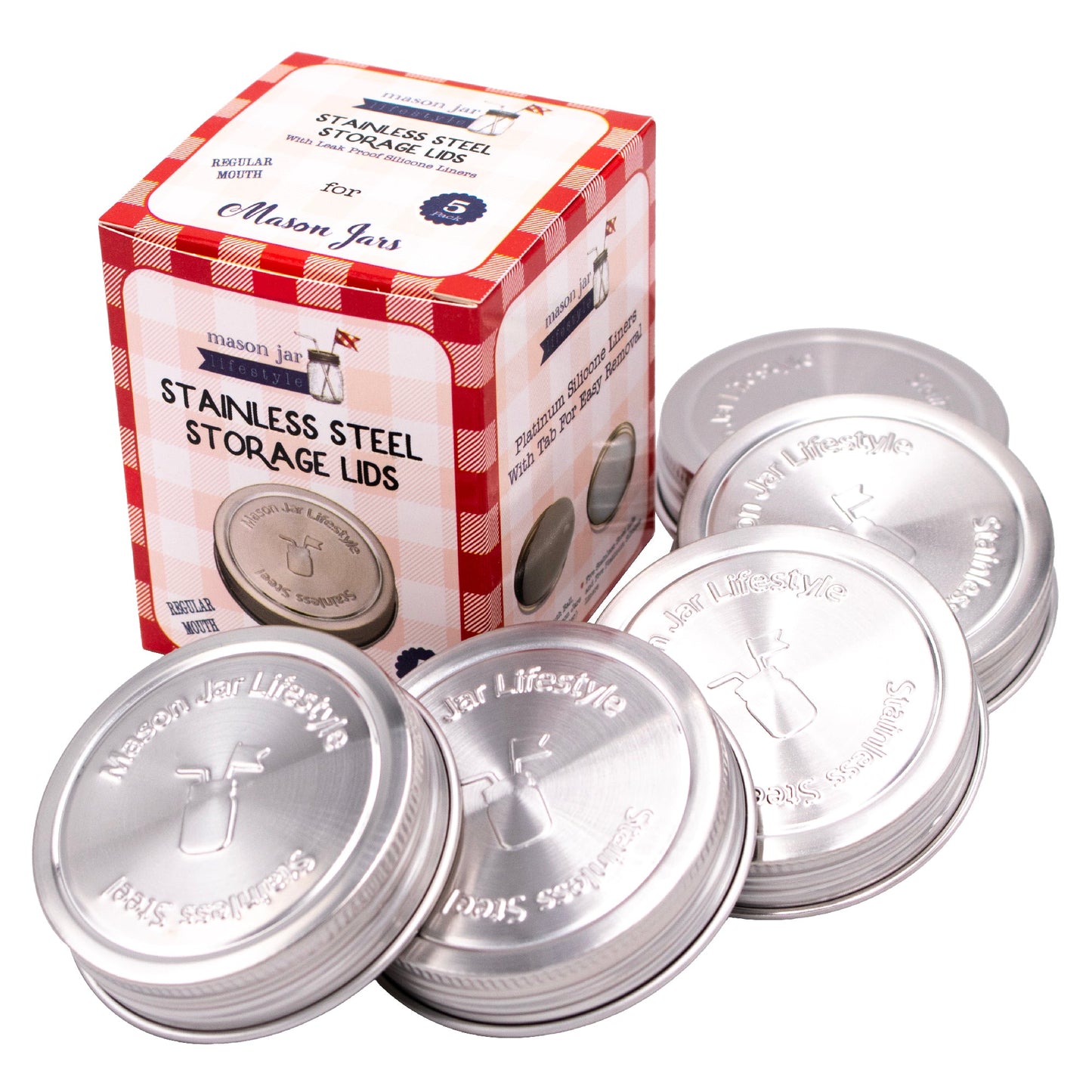 Stainless Steel Storage Lids with Leak-Proof Silicone Liners for Mason Jars 5 Pack