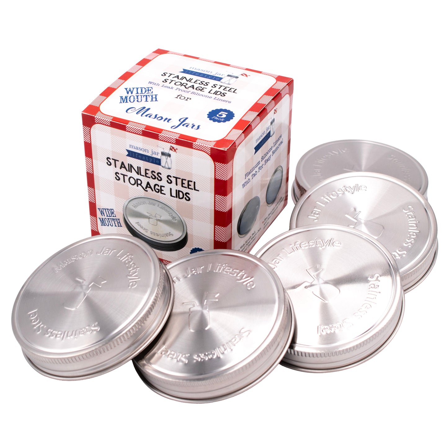 Stainless Steel Storage Lids with Leak-Proof Silicone Liners for Mason Jars 5 Pack
