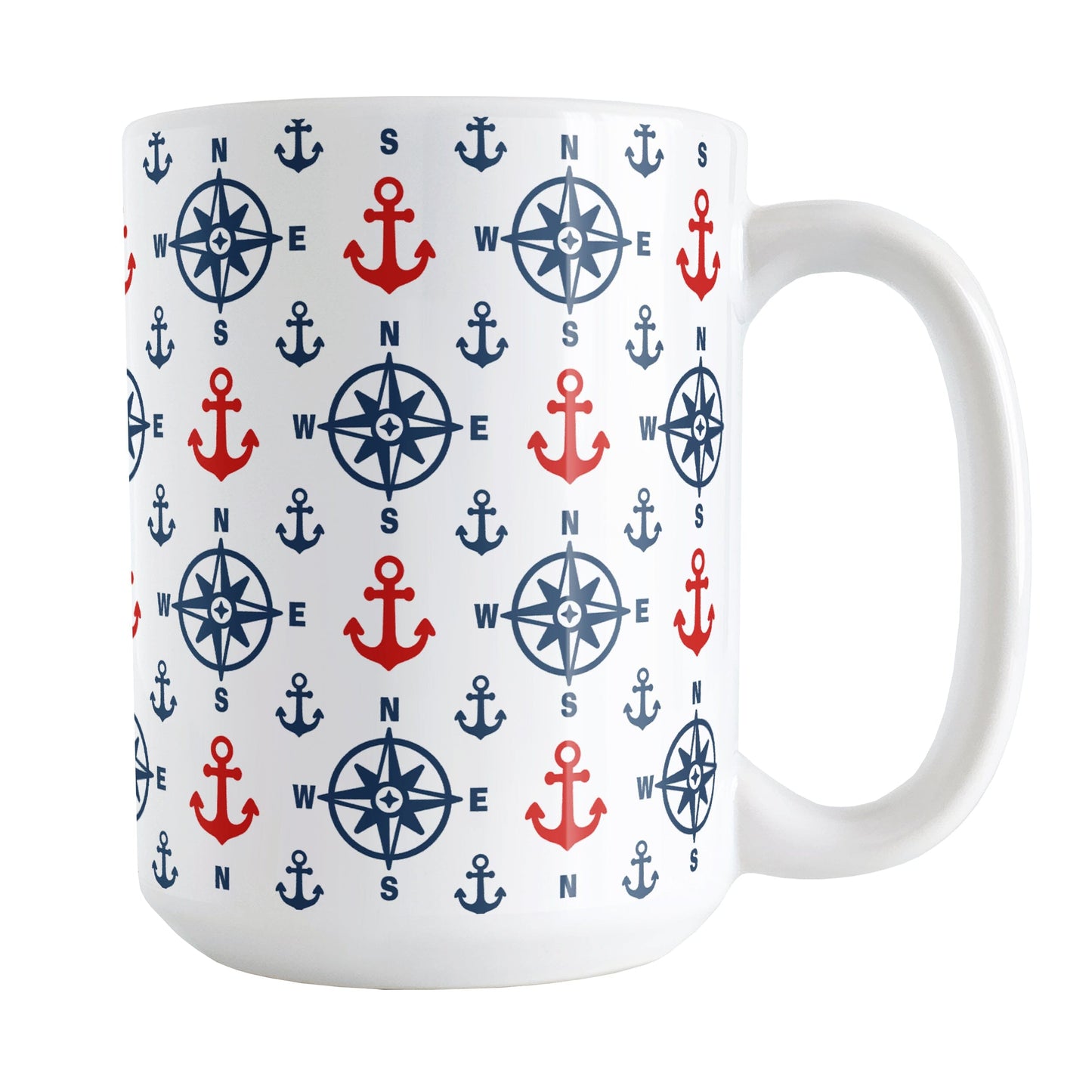 Nautical Navy Blue Red Compass and Anchors Mug