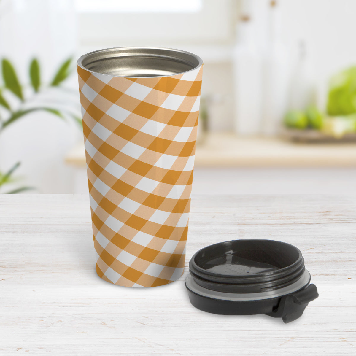 Orange Gingham Travel Mug