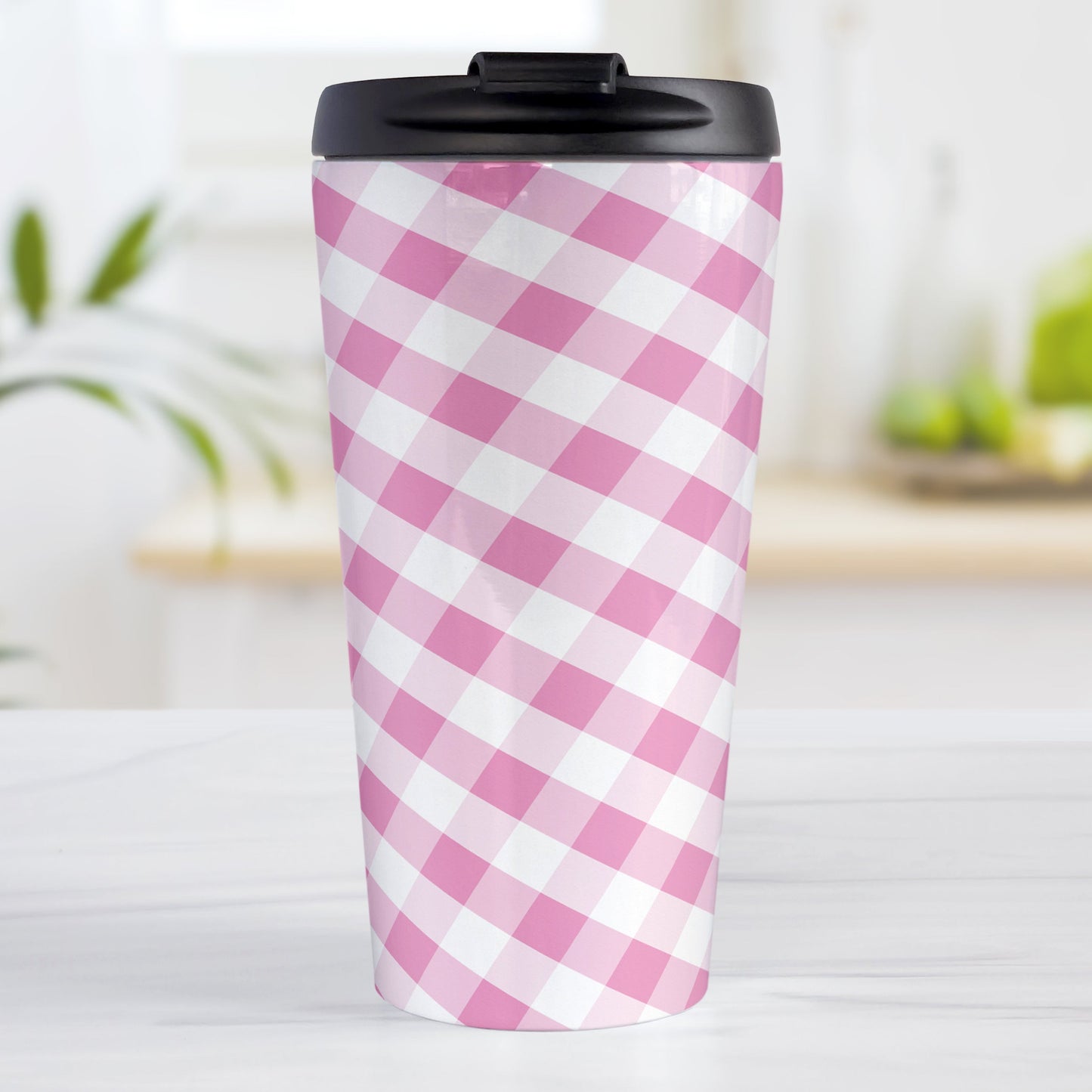 Pink Gingham Travel Mug