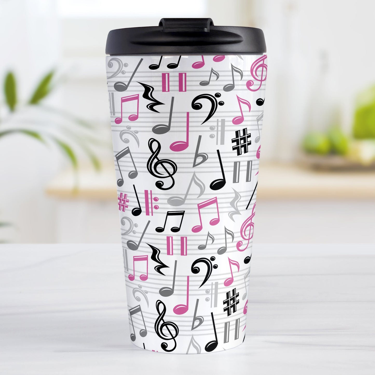 Pink Music Notes Pattern Travel Mug