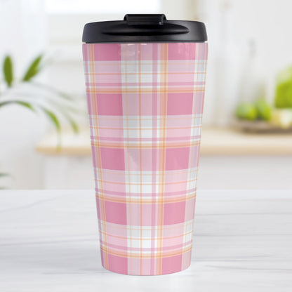 Pink Orange Plaid Travel Mug