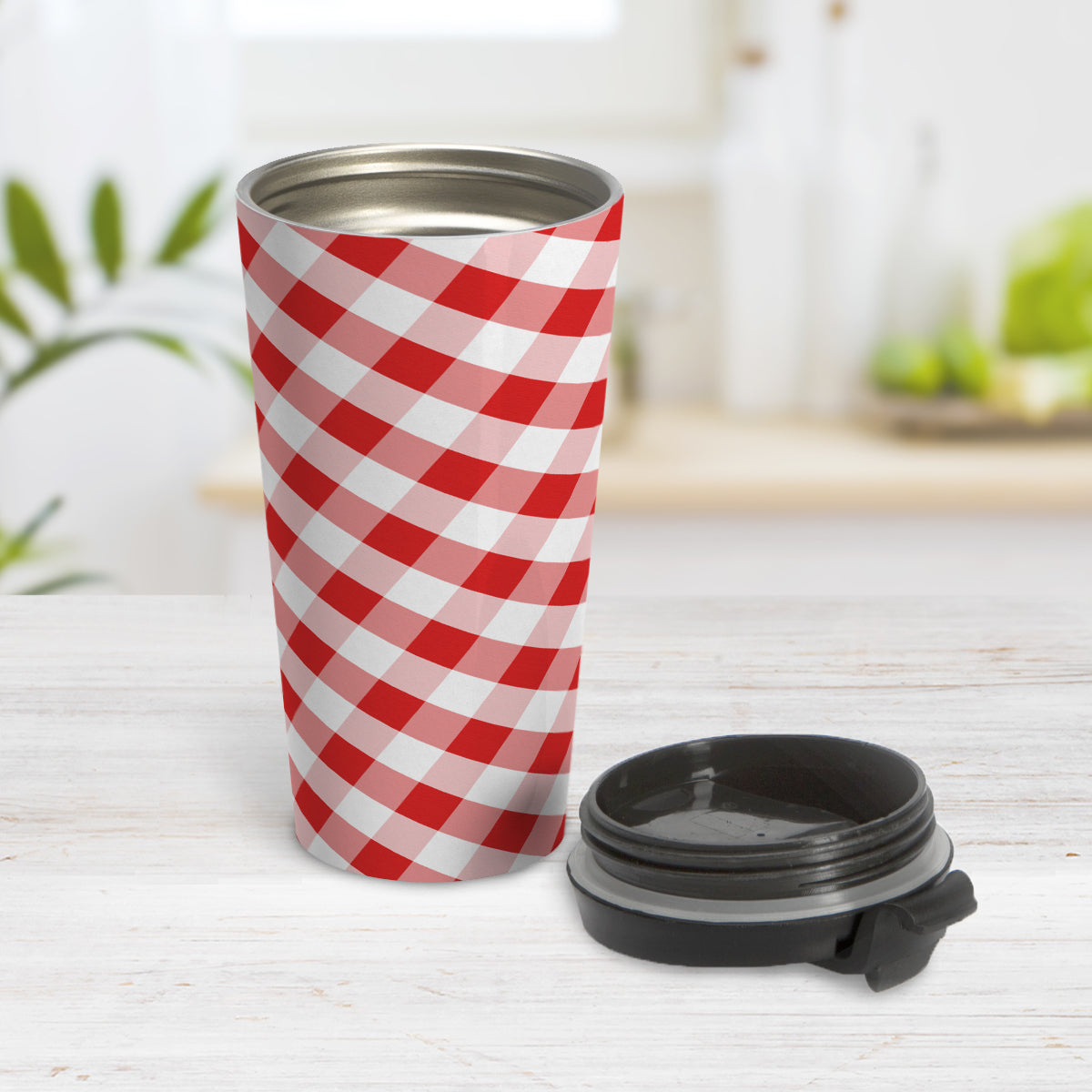 Red Gingham Travel Mug