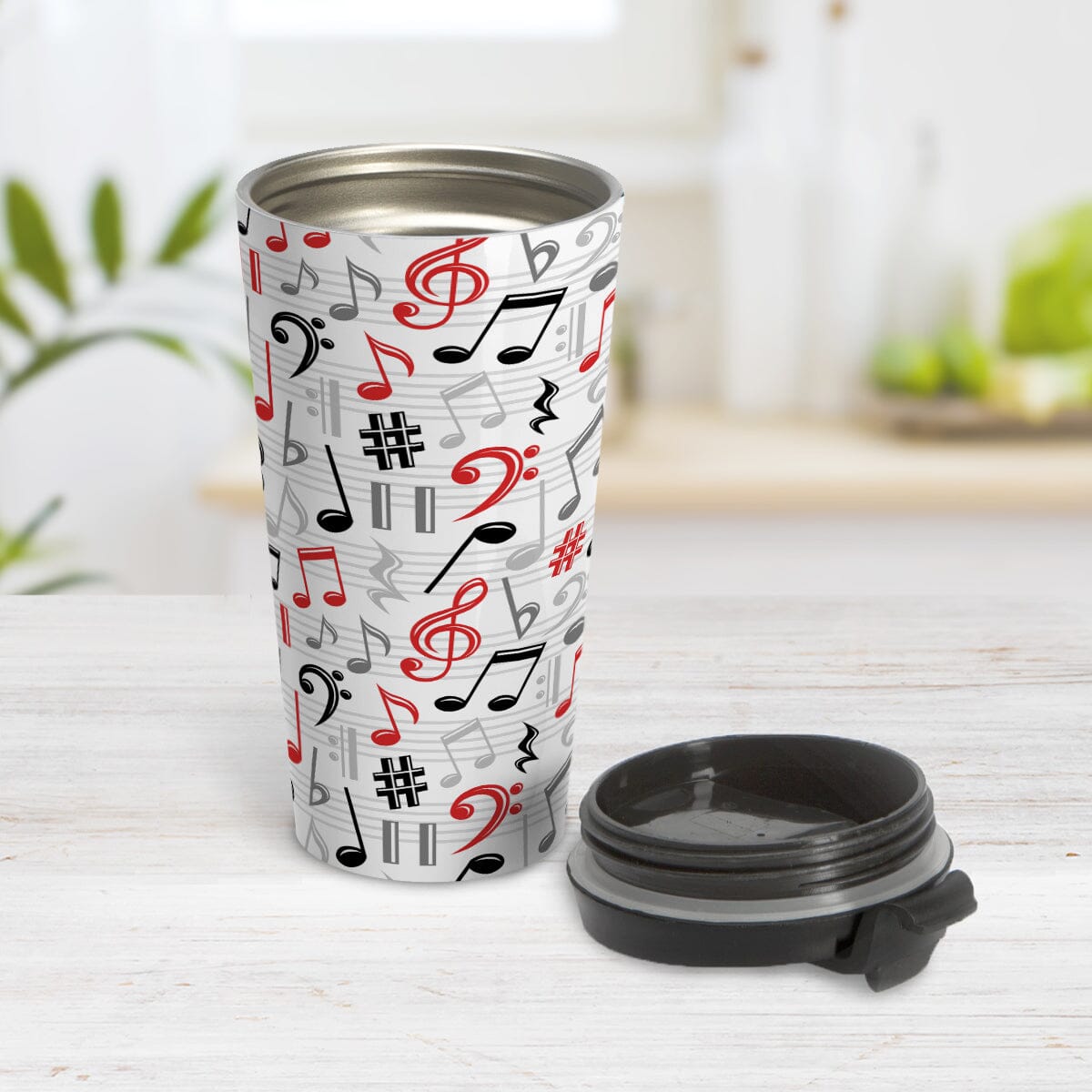 Red Music Notes Pattern Travel Mug