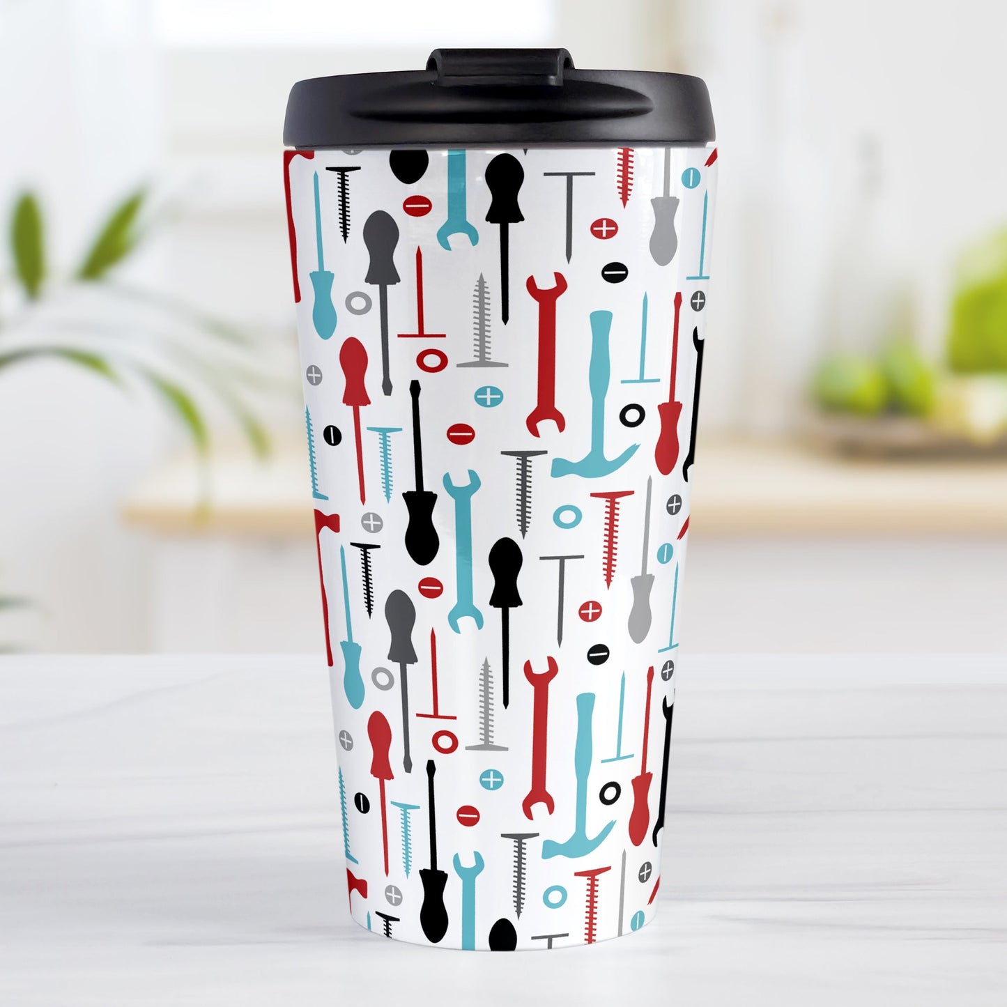 Red Turquoise Tools Pattern Travel Mug