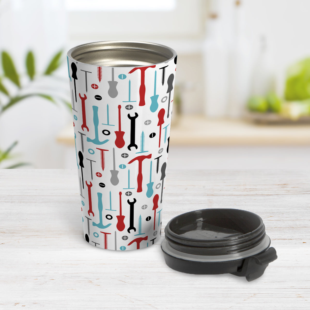 Red Turquoise Tools Pattern Travel Mug