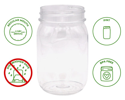Tossware Regular Mouth 16oz Stackable Plastic Mason Jars
