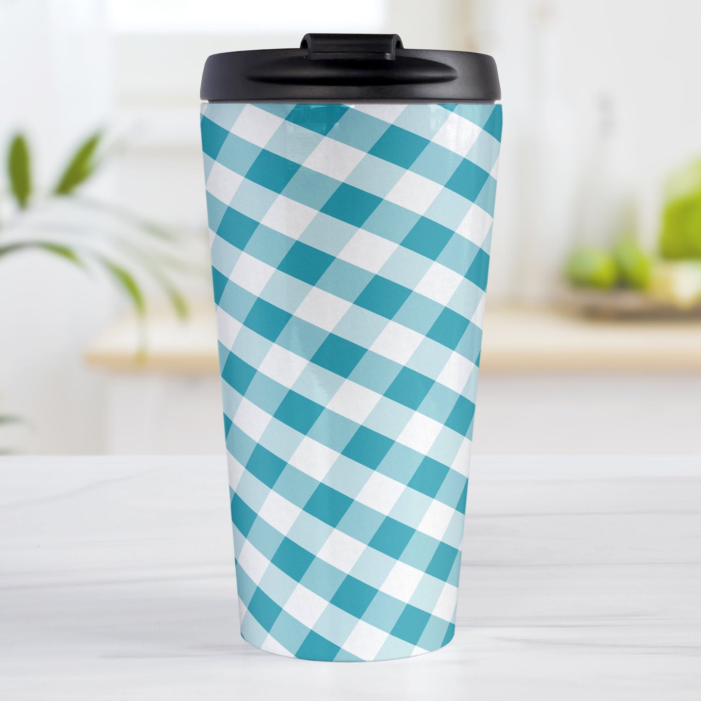 Turquoise Gingham Travel Mug