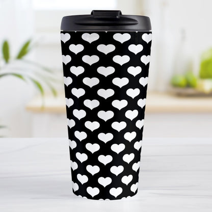White Hearts Pattern Black Travel Mug
