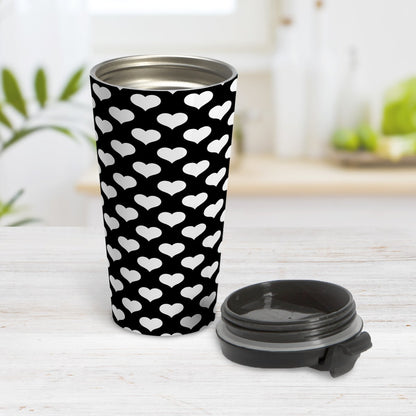 White Hearts Pattern Black Travel Mug