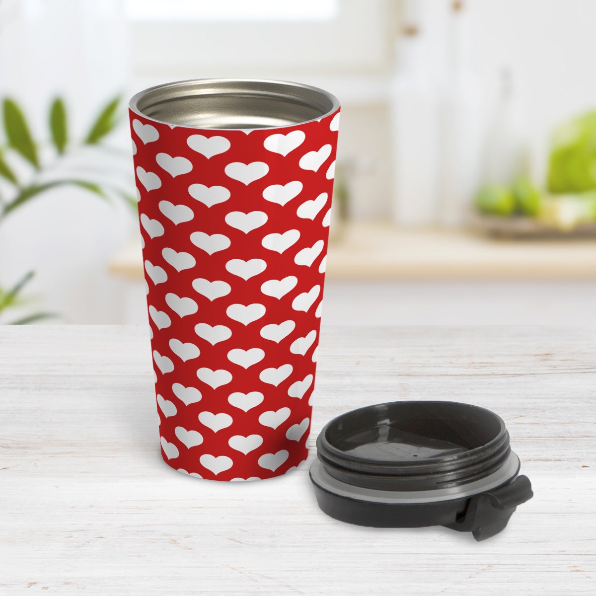 White Hearts Pattern Red Travel Mug