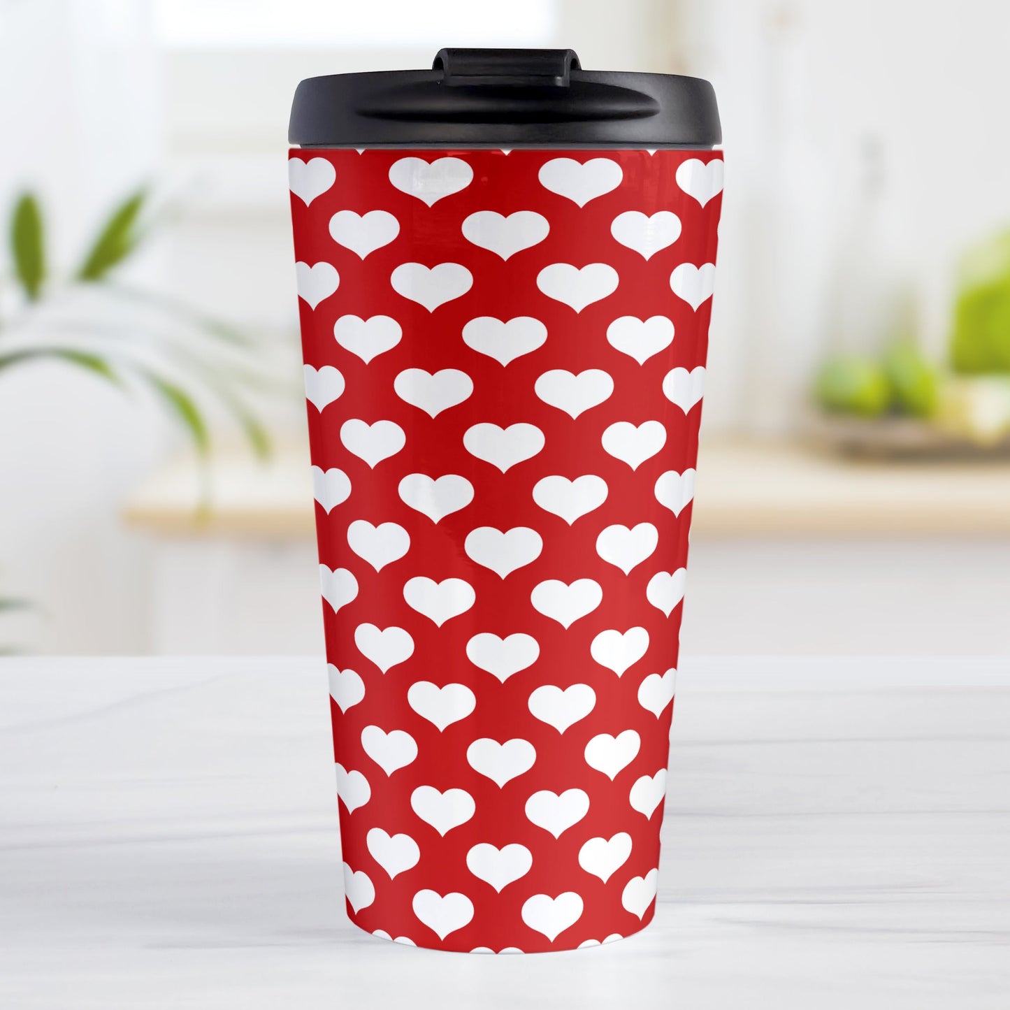 White Hearts Pattern Red Travel Mug