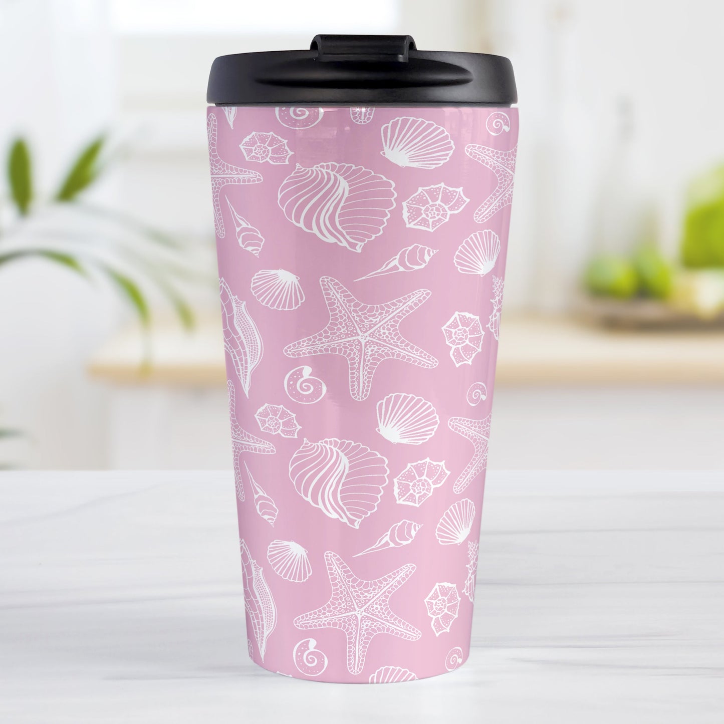 White Seashell Pattern Pink Beach Travel Mug