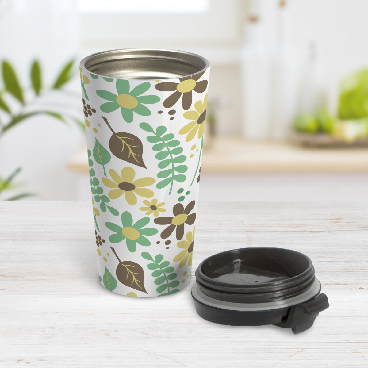 Yellow Green Brown Floral Pattern Travel Mug